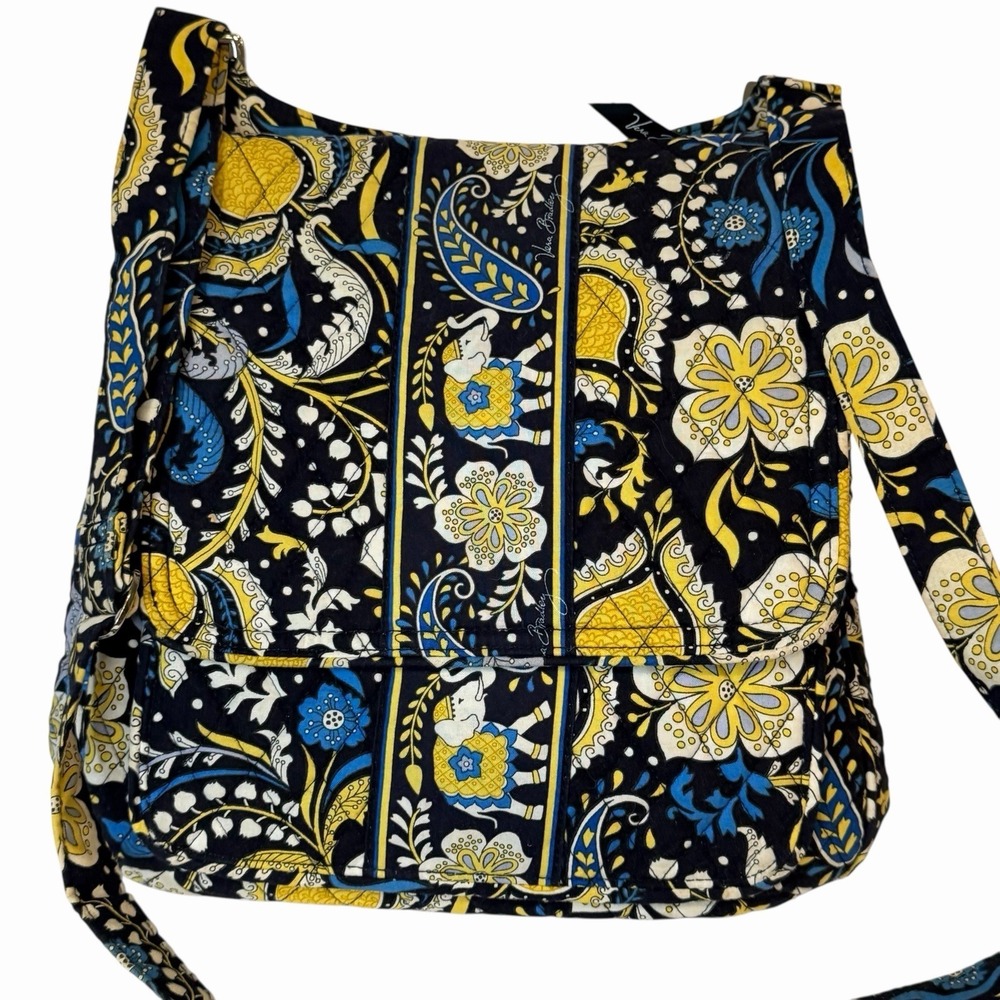 Vera Bradley Ellie Blue Handbag Purse Elephant Yellow Floral Print Crossbody Bag